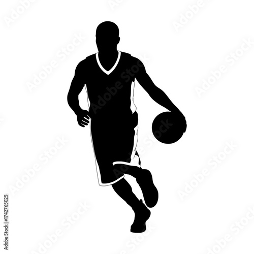 Basketball player silhouette dribbling ball dynamic action pose isolated on white background