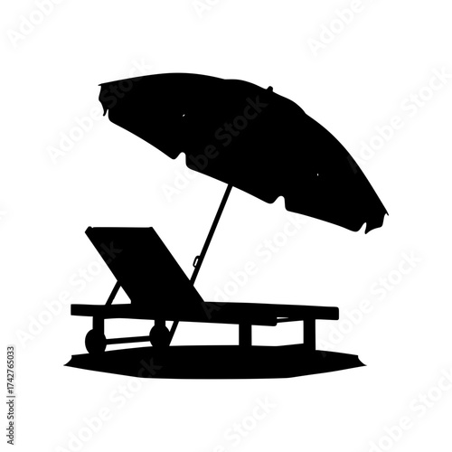 Beach lounge chair silhouette with parasol providing shade isolated on white background ideal for summer vacation themes
