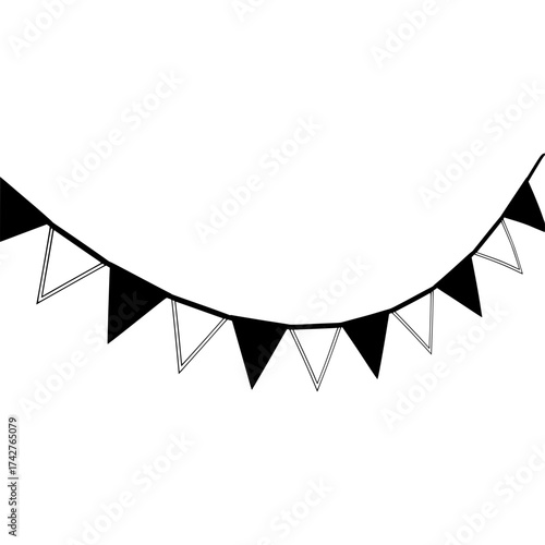 Black and white triangle bunting banner string festive decoration isolated on white background