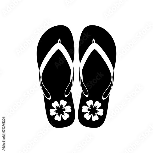 Black flip flops with white flowers summer footwear silhouette graphic design element