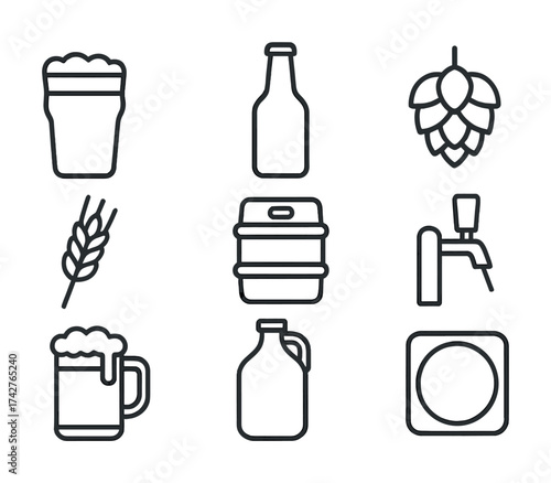 Vector Beer icons: mug, bottle, hop, wheat, keg, tap, growler, coaster
