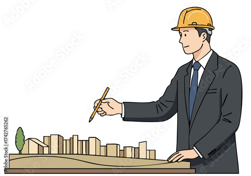 An architect sketches a city model, conveying a vision of urban development. Professional, detailed, and modern illustration.