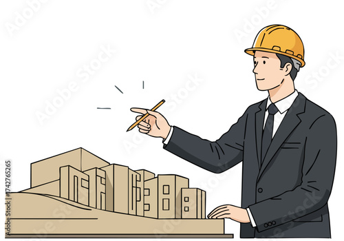 An architect examines a building model, pointing with a pencil. Professional, detailed illustration showcasing design and construction. Modern, clean style.