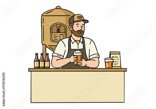 bearded brewer proudly presents his craft beer showcasing a stylish booth setup Warm colors and a vintage aesthetic create a welcoming scene Perfect for brewery promotions or craft beer marketing