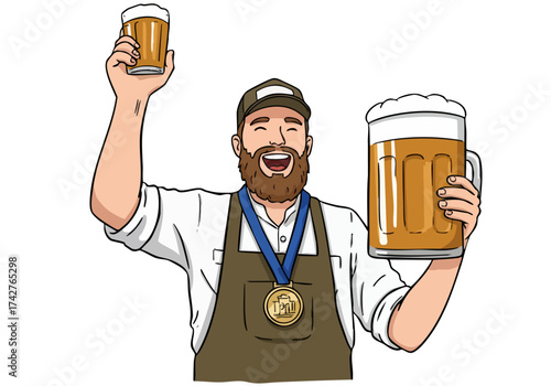 A bearded man celebrates with a beer, wearing a medal and apron. He?s smiling and holding a full glass, conveying joy and achievement.  A vibrant, celebratory image.