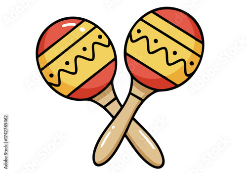 Colorful maracas rhythm tool illustration. Bright, playful design with a yellow and red color scheme. Perfect for music, party, or festive themes. Simple, graphic style.