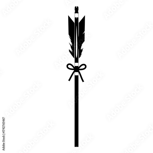 Black silhouette arrow with feathers and a tied ribbon isolated on white background suitable for archery target practice or hunting iconography