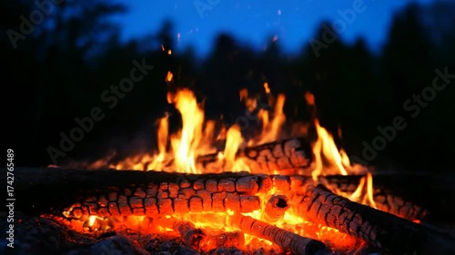 A cozy crackling campfire burns brightly at dusk with glowing embers and sparks rising into the evening air in relaxing slow motion.