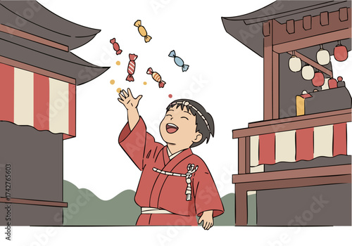 joyful  boy in traditional attire throws candy during a Japanese festival Vibrant colors and a festive atmosphere create a captivating scene Perfect for celebrations and cultural themes