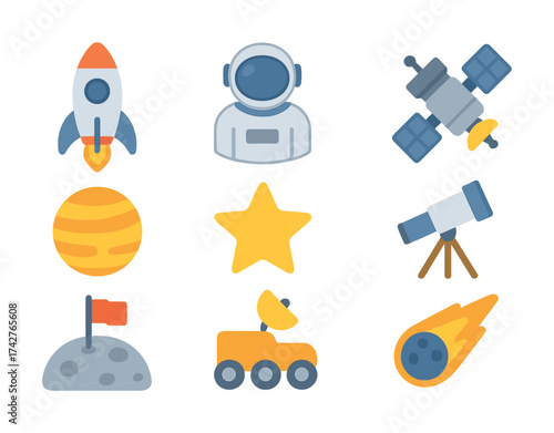 Vector Colorful space icons: rocket, astronaut, satellite, planet, star, telescope, moon rover, comet