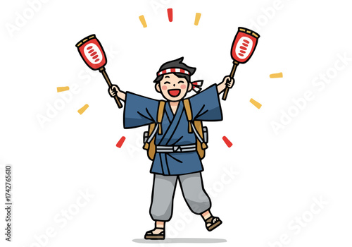 joyful  man in traditional Japanese attire enthusiastically cheers with takayayama fans Vibrant colors and dynamic energy create a festive scene Perfect for celebrations and cultural themes