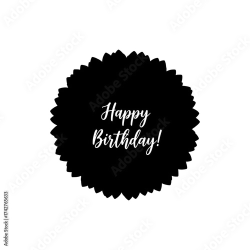 Black silhouette birthday badge with Happy Birthday text isolated on white background