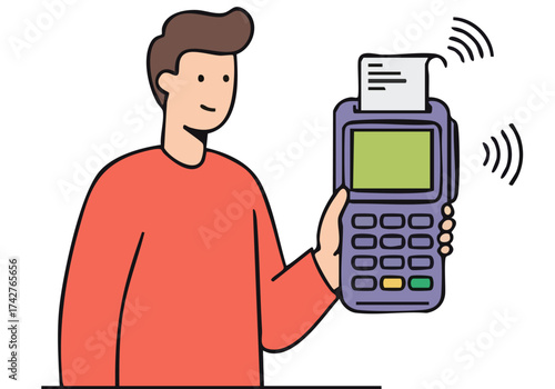 A young man uses a payment terminal, showcasing a simple and modern transaction. Clean lines and a bright background create a professional feel. Perfect for tech or finance visuals.