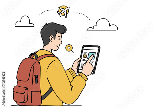 A young man uses a tablet to plan a trip, surrounded by clouds and a plane. Modern illustration, travel planning, digital nomad lifestyle.