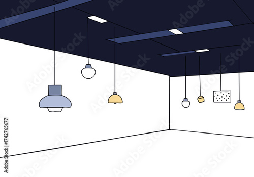 Modern gallery space with illuminated light exhibits Clean white walls and dark ceiling create dramatic minimalist aesthetic Ideal for showcasing design or art