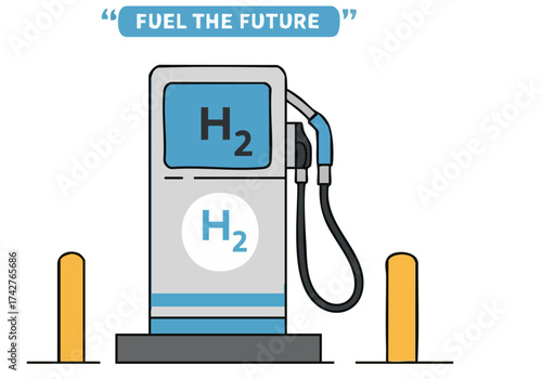 Modern illustration depicts a hydrogen fuel cell station. Clean lines, blue and white color scheme, ?Fuel the Future? tagline. Simple, graphic design for commercial use.