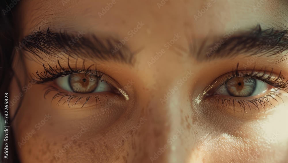 Fototapeta premium A beautiful woman gazes directly at the viewer, showcasing her thick eyebrows and enchanting, expressive eyes, illuminated by soft light Generative AI