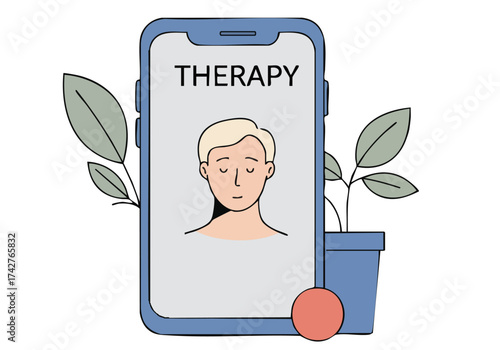 smartphone displays a therapy app interface with a calm contemplative man Soft colors and abstract shapes create a modern approachable design Focus on mental wellness and digital support