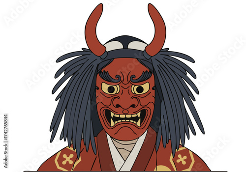 A striking Oni mask with flowing hair dominates the composition. Bold red and black colors create a dramatic, stylized illustration. ?Mask the Mystery? text adds intrigue.