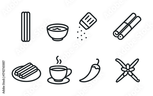 Vector Mexican food icons: churros, vanilla, cinnamon, salt, cup, chili