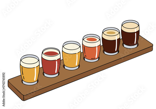A stylish beer tasting flight display showcases diverse beer colors. Perfect for festivals, craft beer marketing, or beverage promotions. Clean, modern design.