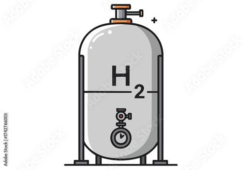 A stylized illustration depicts a tank hydrogen store with 'H2' labeling. Clean, modern design with a simple, graphic style. Ideal for technology, energy, and sustainability themes.
