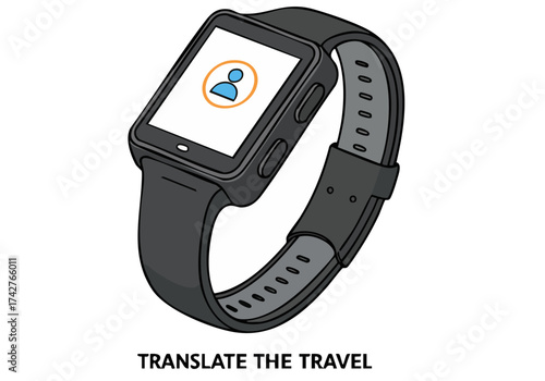 A stylized illustration showcases a smartwatch displaying 'Translate the Travel' with a Singapore background. Modern, graphic design, perfect for tech and travel themes.
