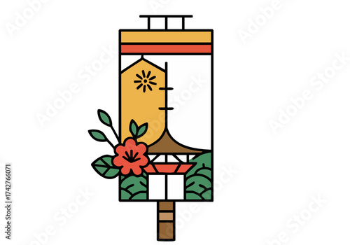 stylized logo featuring a Japanese lantern with floral and geometric details Bold lines and vibrant colors create a modern eye-catching design suitable for branding and promotional materials