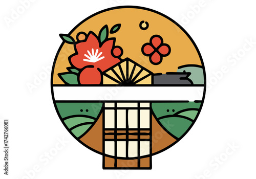 stylized logo featuring Japan's iconic elements - cherry blossoms a torii gate and rolling hills - evokes pride and cultural heritage Clean lines and a modern aesthetic