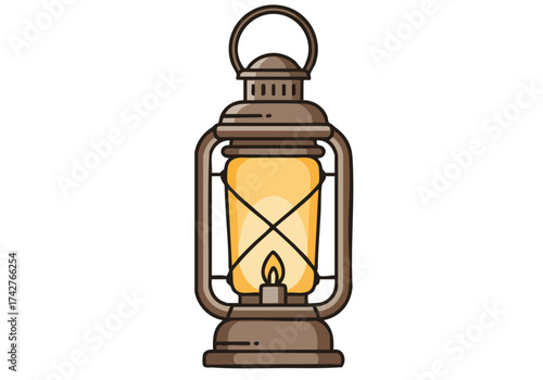Vintage lantern emits a warm, inviting light. Simple, illustrative style. Perfect for autumn, holidays, or cozy themes. Ideal for commercial use.