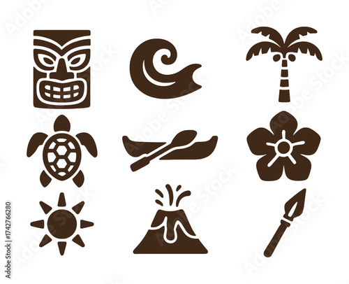 Vector Hawaiian symbols collection: tiki, wave, palm, turtle, canoe, flower, sun, volcano, spear