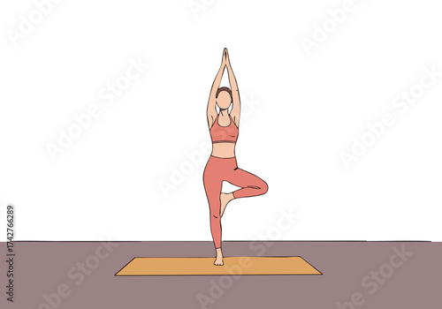 A woman practices tree pose in a serene setting, bathed in a warm sunrise.  A healthy lifestyle image, perfect for wellness and fitness content.