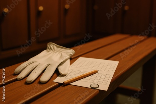 A white glove, a pencil, and a scorecard are placed on a wooden bench, with wooden lockers visible in the background.