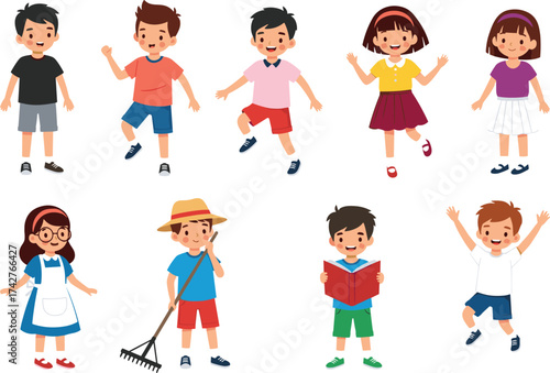 Cartoon children characters, diverse outfits, playful poses, reading and farming, jumping and dancing, colorful illustration, happy kids, educational design, child activity, expressive gestures