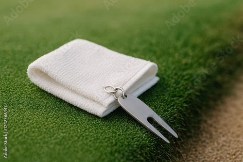 A white golf towel folded neatly on green turf, with a metal golf tee marker attached by a keyring.