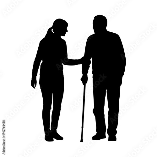 Black silhouette of a young woman assisting an elderly man with a cane walking, isolated on white background