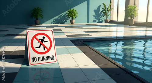 Prohibition Of Running Near A Swimming Pool With Signage And Warning Message