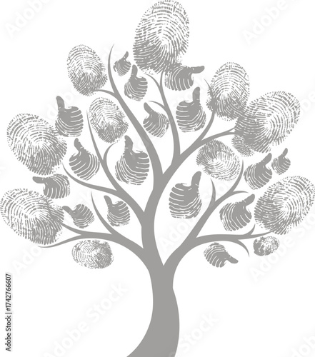 Abstract black tree with fingerprint leaves and thumbs up symbols representing individuality and approval