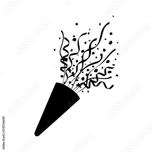 Black silhouette party popper with confetti and ribbons exploding isolated on white background