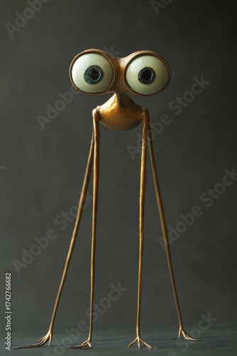 Wallpaper Mural A quirky creature features large googly eyes and elongated legs, standing upright against a simple, dark background, showcasing its unique form Torontodigital.ca
