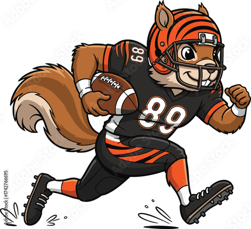 Cartoon cat tiger mascot character design of a happy muscle American football player and a vector illustration of a comic basketball 
