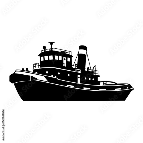 Black tugboat silhouette illustration isolated on white background suitable for nautical themed designs and maritime industry projects