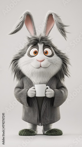 Wallpaper Mural Fluffy rabbit character stands with a coffee cup, wearing cozy attire, exuding a warm and inviting demeanor in a neutral background Torontodigital.ca