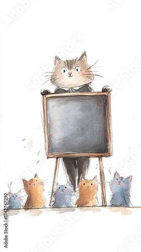 Wallpaper Mural A cat stands at a chalkboard, engaging a group of adorable kittens of various colors with playful curiosity in a lighthearted classroom scene Torontodigital.ca