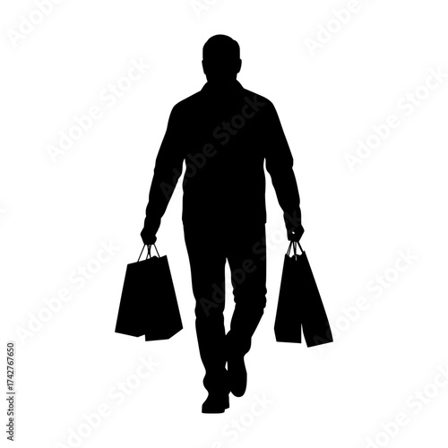 Man silhouette walking with shopping bags isolated on white background, black and white vector graphic