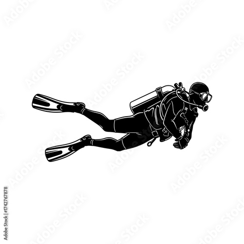 Scuba diver silhouette vector graphic isolated on white background ideal for marine themed designs