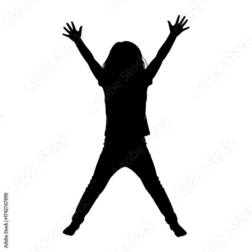 Silhouette of a girl joyfully jumping with arms raised high against a white background