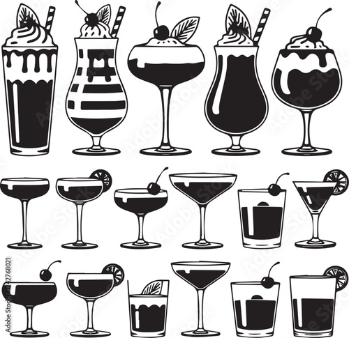 Collection of black and white silhouette illustrations of various cocktails and desserts in glasses