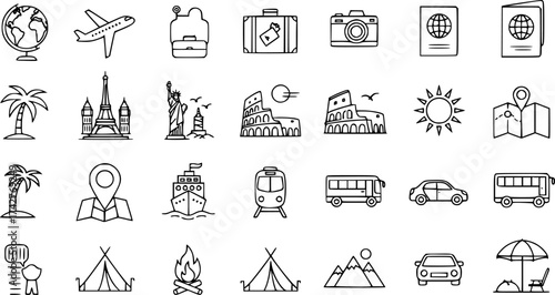 Simple line set of tourism icons.
