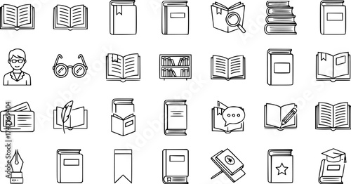 Set of book thin line icons.
